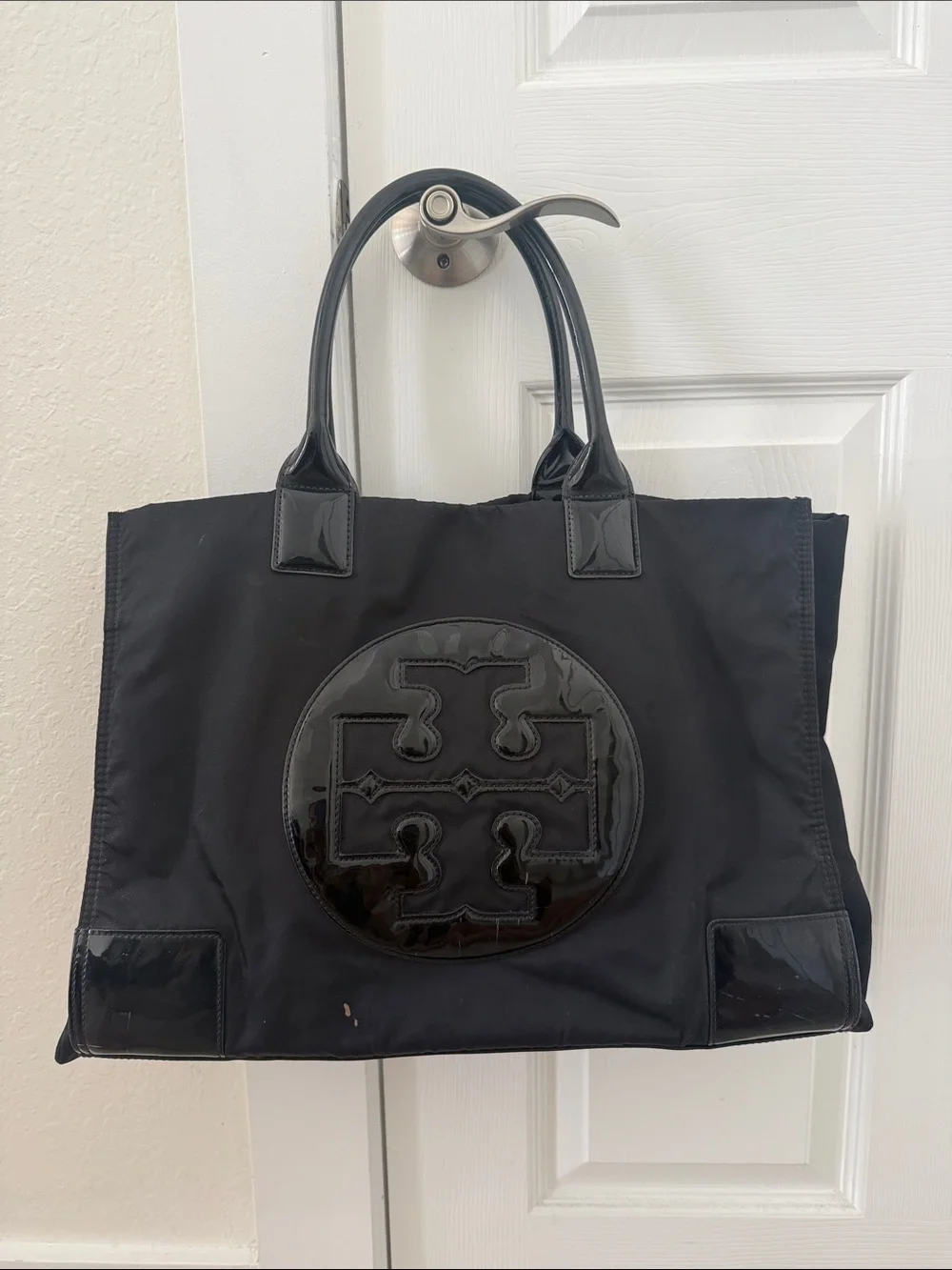Tory Burch Black Nylon Tote with Patent Logo
